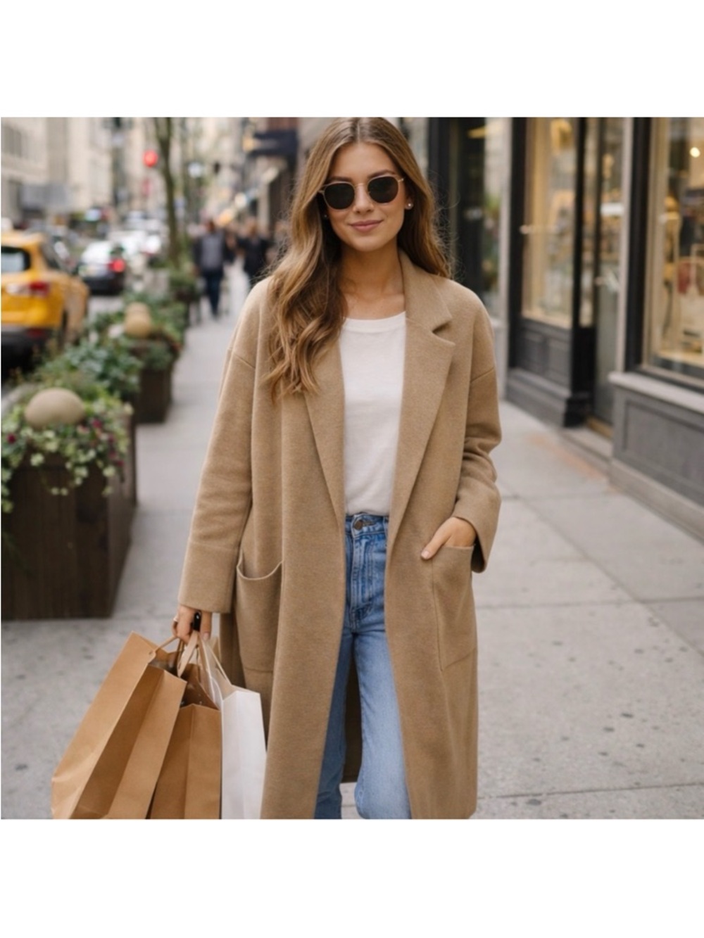 J. Crew Ella long open front sweater blazer in camel